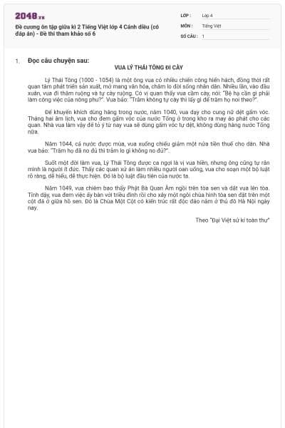 Đề cương ôn tập giữa kì 2 Tiếng Việt lớp 4 Cánh diều (có đáp án) - Đề thi tham khảo số 6