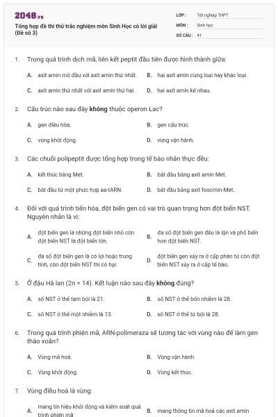 Tổng hợp đề thi thử trắc nghiệm môn Sinh Học có lời giải (Đề số 3)