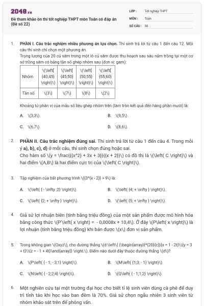 Đề tham khảo ôn thi tốt nghiệp THPT môn Toán có đáp án (Đề số 22)