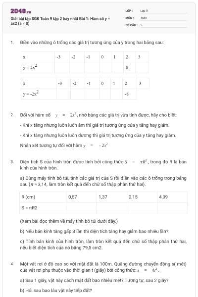 Giải bài tập SGK Toán 9 tập 2 hay nhất Bài 1: Hàm số y = ax2 (a ≠ 0)
