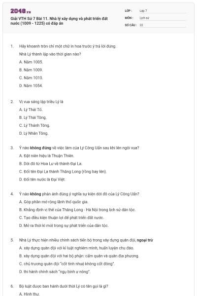Giải VTH Sử 7 Bài 11. Nhà lý xây dựng và phát triển đất nước (1009 - 1225) có đáp án