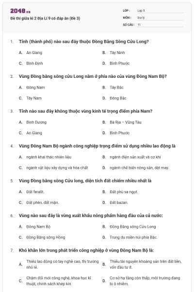 Đề thi giữa kì 2 Địa Lí 9 có đáp án (Đề 3)