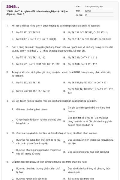 1000+ câu Trắc nghiệm Kế toán doanh nghiệp vận tải (có đáp án) - Phần 5
