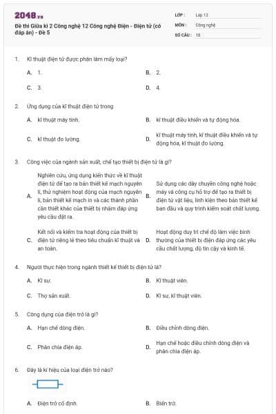 Đề thi Giữa kì 2 Công nghệ 12 Công nghệ Điện - Điện tử (có đáp án) - Đề 5