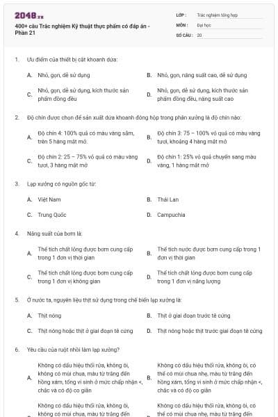 400+ câu Trắc nghiệm Kỹ thuật thực phẩm có đáp án - Phần 21