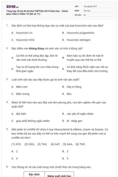 Tổng hợp 20 bộ đề thi thử THPTQG 2019 Sinh Học - Chinh phục điểm 9 điểm 10 (Đề số 11)