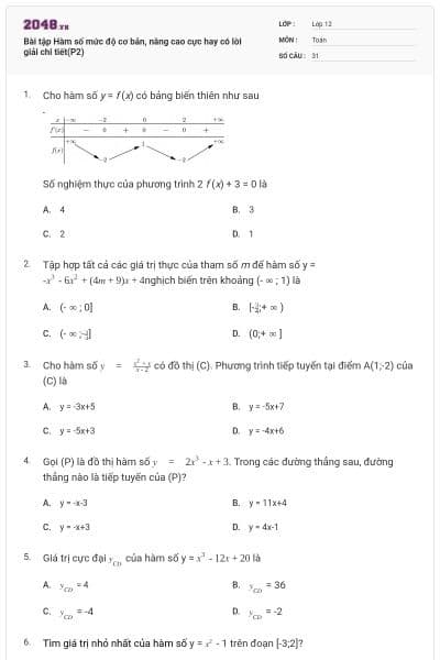 Bài tập Hàm số mức độ cơ bản, nâng cao cực hay có lời giải chi tiết(P2)