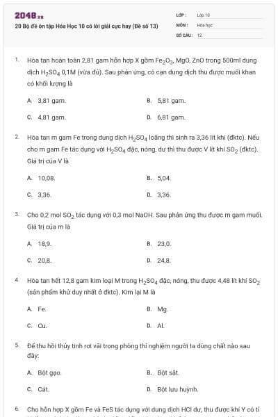 20 Bộ đề ôn tập Hóa Học 10 có lời giải cực hay (Đề số 13)