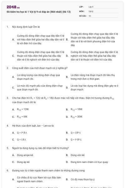 Đề kiểm tra học kì 1 Vật lý 9 có đáp án (Mới nhất) (Đề 13)