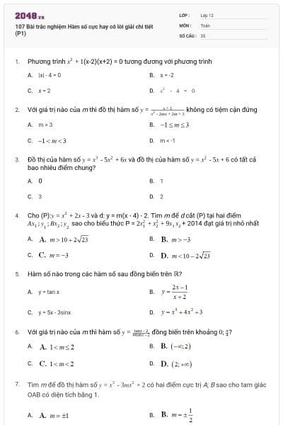 107 Bài trắc nghiệm Hàm số cực hay có lời giải chi tiết (P1)