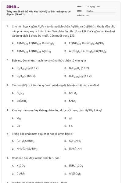 Tổng hợp đề thi thử Hóa Học mức độ cơ bản - nâng cao có đáp án (Đề số 1)
