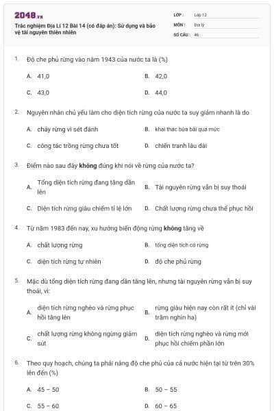 Trắc nghiệm Địa Lí 12 Bài 14 (có đáp án): Sử dụng và bảo vệ tài nguyên thiên nhiên