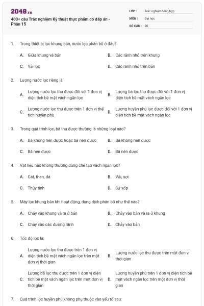 400+ câu Trắc nghiệm Kỹ thuật thực phẩm có đáp án - Phần 15