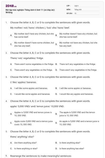 Bài tập trắc nghiệm Tiếng Anh 6 Unit 11 (có đáp án): Writing
