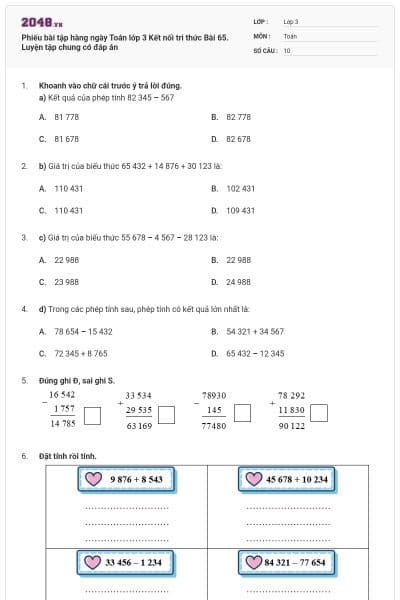 Phiếu bài tập hàng ngày Toán lớp 3 Kết nối tri thức Bài 65. Luyện tập chung có đáp án