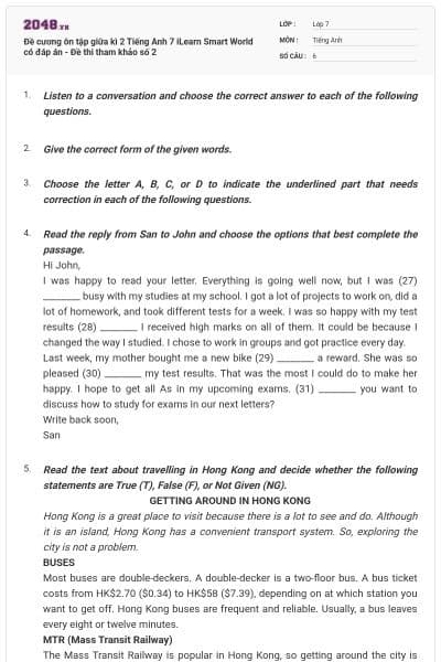 Đề cương ôn tập giữa kì 2 Tiếng Anh 7 iLearn Smart World có đáp án - Đề thi tham khảo số 2