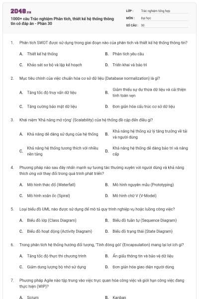 1000+ câu Trắc nghiệm Phân tích, thiết kế hệ thống thông tin có đáp án - Phần 30