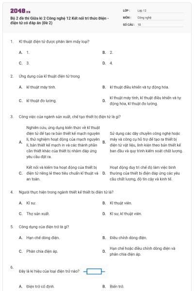 Bộ 2 đề thi Giữa kì 2 Công nghệ 12 Kết nối tri thức Điện - điện tử có đáp án (Đề 2)