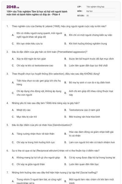 100+ câu Trắc nghiệm Tâm lý học xã hội với người bệnh mãn tính và bệnh hiểm nghèo có đáp án - Phần 4