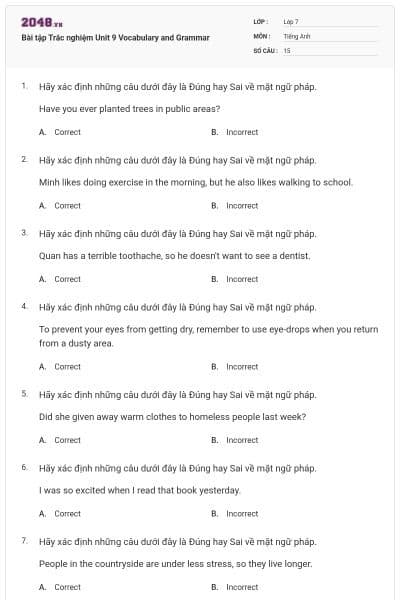 Bài tập Trắc nghiệm Unit 9 Vocabulary and Grammar