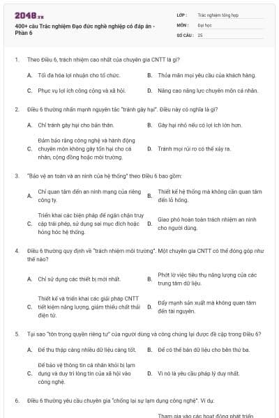 400+ câu Trắc nghiệm Đạo đức nghề nghiệp có đáp án - Phần 6