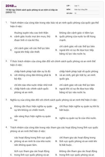 19 Bài tập Chính sách quốc phòng và an ninh có đáp án (GDCD 11)