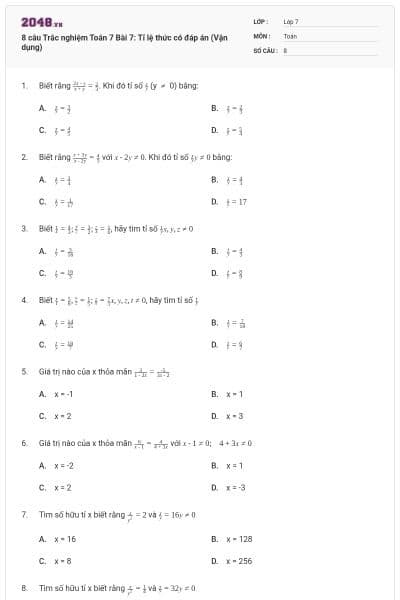 8 câu Trắc nghiệm Toán 7 Bài 7: Tỉ lệ thức có đáp án (Vận dụng)