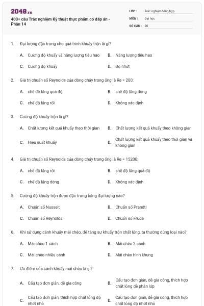 400+ câu Trắc nghiệm Kỹ thuật thực phẩm có đáp án - Phần 14
