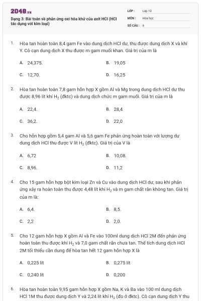 Dạng 3: Bài toán về phản ứng oxi hóa khử của axit HCl  (HCl tác dụng với kim loại)