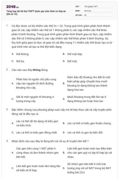 Tổng hợp đề thi thử THPT Quốc gia môn Sinh có đáp án (Đề số 16)