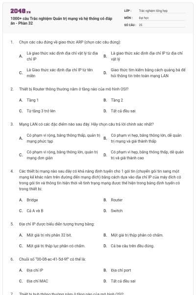 1000+ câu Trắc nghiệm Quản trị mạng và hệ thống có đáp án - Phần 32