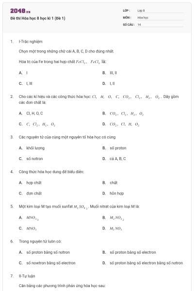 Đề thi Hóa học 8 học kì 1 (Đề 1)