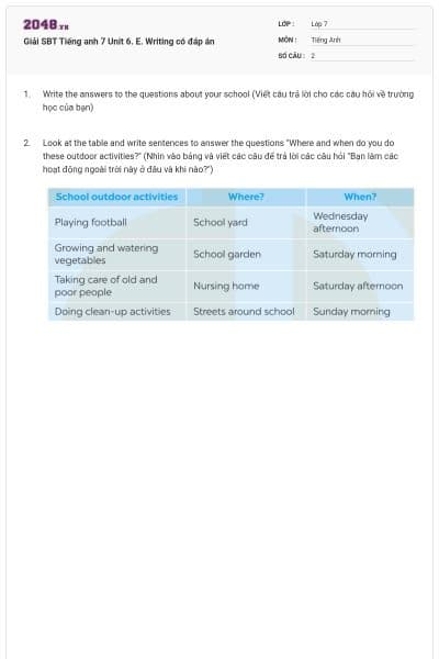 Giải SBT Tiếng anh 7 Unit 6. E. Writing có đáp án