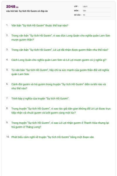 câu hỏi bài: Sự tích Hồ Gươm có đáp án