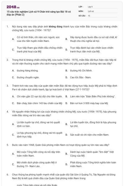 15 câu trắc nghiệm Lịch sử 9 Chân trời sáng tạo Bài 18 có đáp án (Phần 2)