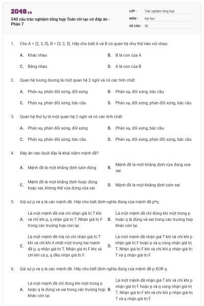 540 câu trắc nghiệm tổng hợp Toán rời rạc có đáp án - Phần 7