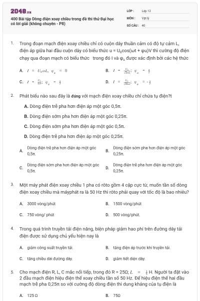 400 Bài tập Dòng điện xoay chiều trong đề thi thử Đại học có lời giải (không chuyên - P8)