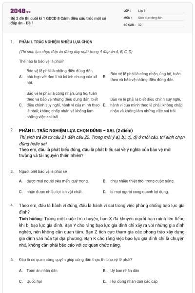 Bộ 2 đề thi cuối kì 1 GDCD 8 Cánh diều cấu trúc mới có đáp án - Đề 1