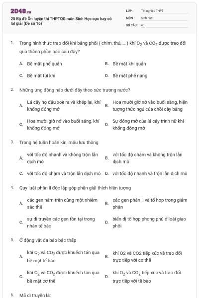 25 Bộ đề Ôn luyện thi THPTQG môn Sinh Học cực hay có lời giải (Đề số 16)
