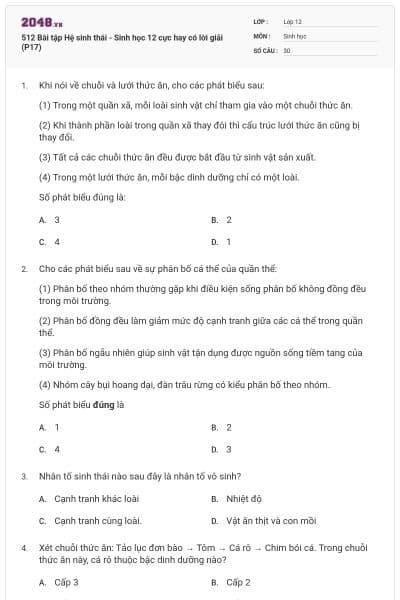512 Bài tập Hệ sinh thái - Sinh học 12 cực hay có lời giải (P17)