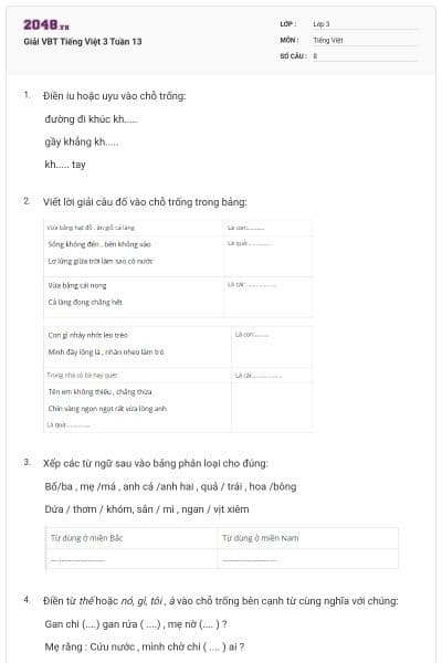 Giải VBT Tiếng Việt 3 Tuần 13