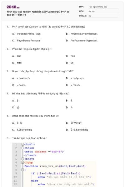 400+ câu trắc nghiệm Kịch bản ASP/Javascript/ PHP có đáp án  - Phần 14