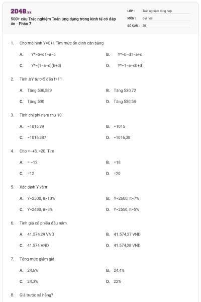 500+ câu Trắc nghiệm Toán ứng dụng trong kinh tế có đáp án - Phần 7