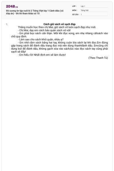 Đề cương ôn tập cuối kì 2 Tiếng Việt lớp 1 Cánh diều (có đáp án) - Đề thi tham khảo số 10