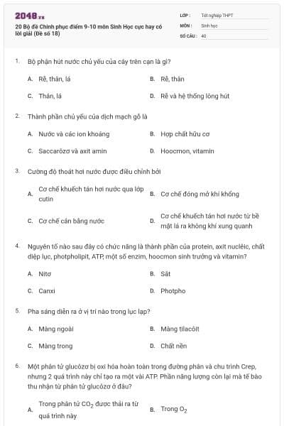 20 Bộ đề Chinh phục điểm 9-10 môn Sinh Học cực hay có lời giải (Đề số 18)