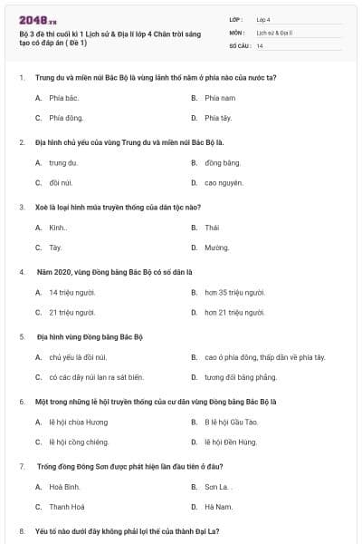 Bộ 3 đề thi cuối kì 1 Lịch sử & Địa lí lớp 4 Chân trời sáng tạo có đáp án  ( Đề 1)