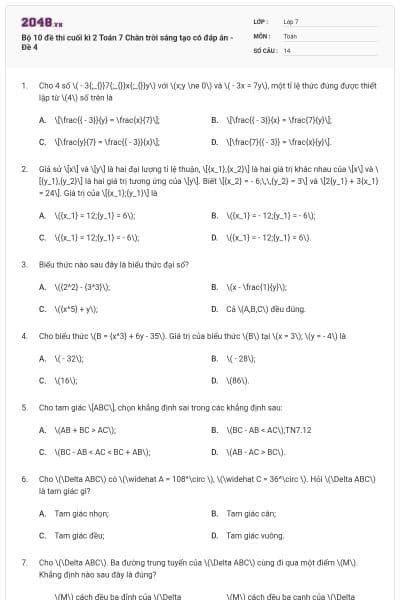 Bộ 10 đề thi cuối kì 2 Toán 7 Chân trời sáng tạo có đáp án - Đề 4