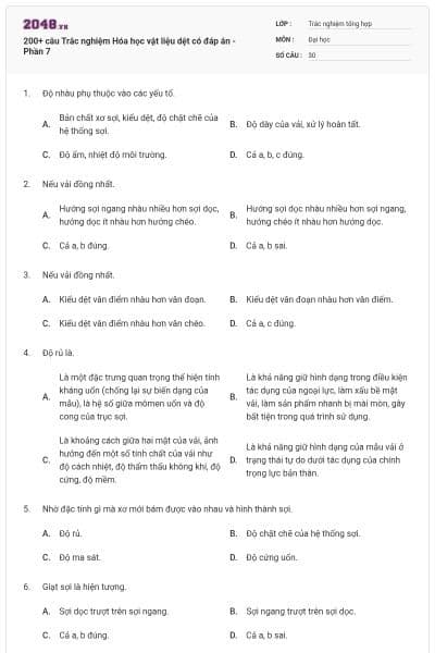 200+ câu Trắc nghiệm Hóa học vật liệu dệt có đáp án - Phần 7