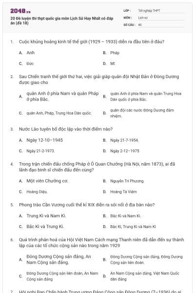 20 Đề luyện thi thpt quốc gia môn Lịch Sử Hay Nhất có đáp án (đề 18)
