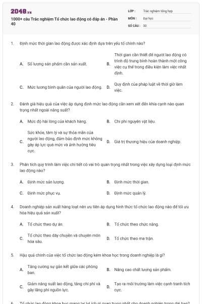 1000+ câu Trắc nghiệm Tổ chức lao động có đáp án - Phần 40